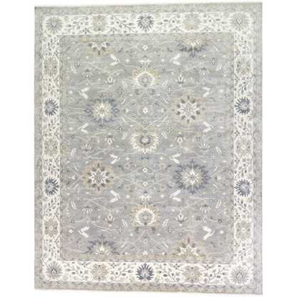 Floral Handmade Hand-Knotted Rectangle 11'10" x 14'10" Wool Area Rug in Cream