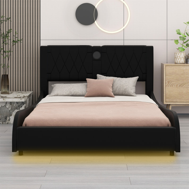 Upholstered Platform Bed With Thickened Headboard, Bluetooth Speakers And RGB LED Light, Black