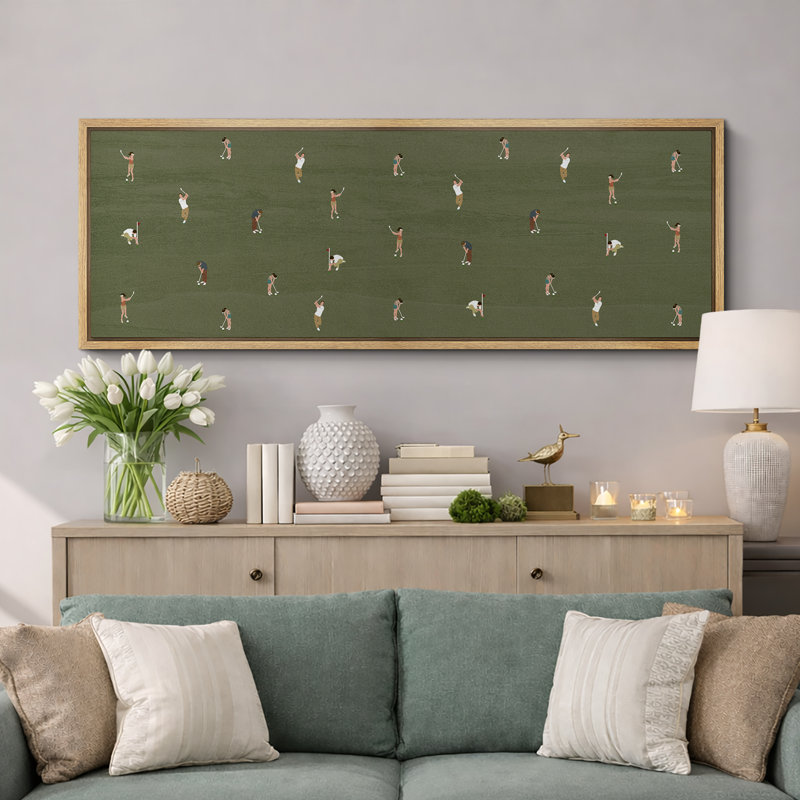 «Whimsical Golfers on Green», impression sur toile encadrée, décor Mid-Century ludique, H 20 po x l 60 po, Naturel