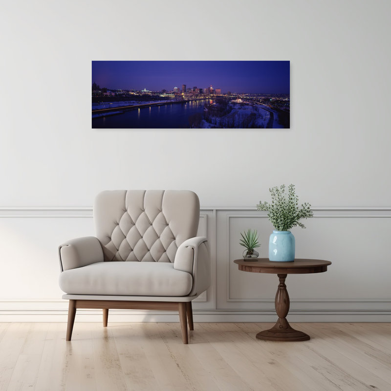 Reflection of buildings in a river at night Mississippi River Minneapolis and St Paul Minnesota USA 1 Piece Wrapped Canvas Panoramic Wall Art