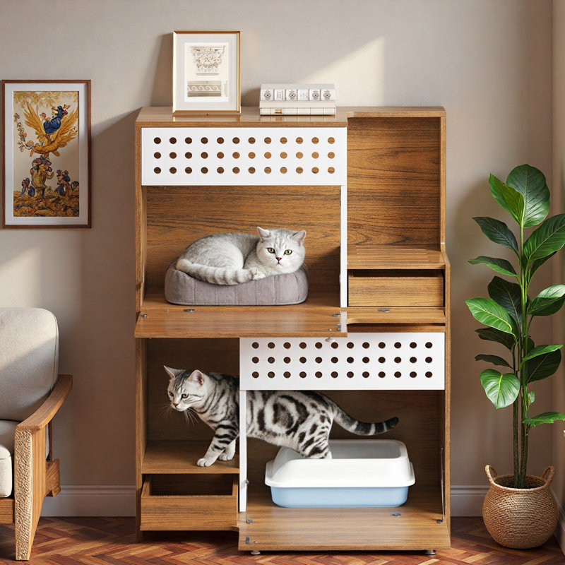 Ensemble de bac à litière moderne avec trous de ventilation Airy, Brun