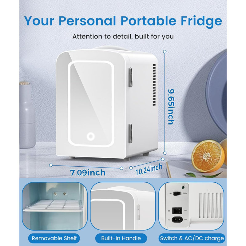 White 4L Skincare Mini Fridge! Led Mirror + Ac/Dc, 6-Can Space For Makeup & More In Any Room, White