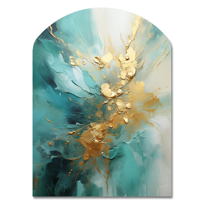 Gold And Teal Aurora Harmony II - Abstract Spirals Asymmetrical Metal Wall Decor, Modern Arch Metal Art Print