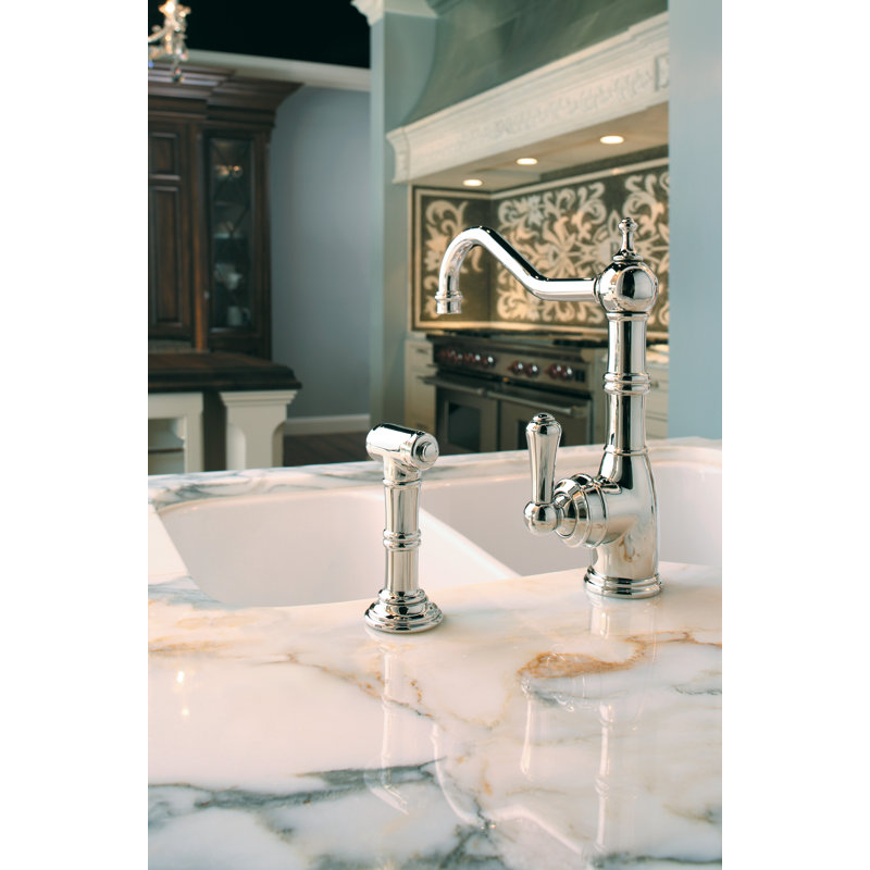 Edwardian Single Handle Kitchen Faucet with Side Spray, Unlacquered Brass