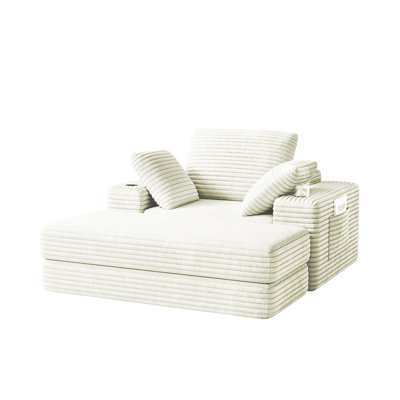 Trendell Upholstered Corduroy Sofa Chair, Oversized Chaise Lounge Indoor, Sleeper Sofa with Cup Holder and Ottoman