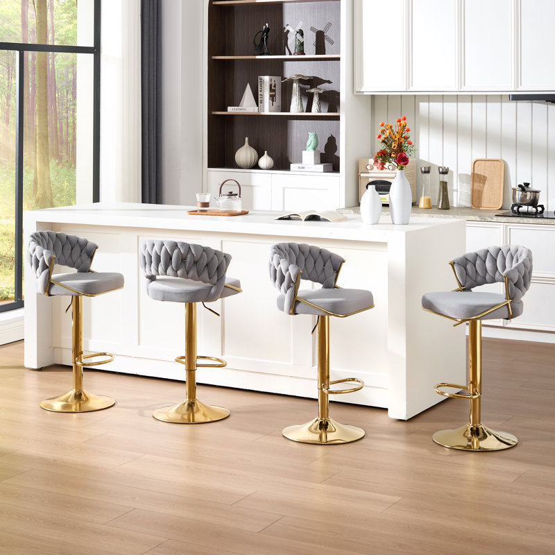 Velvet Swivel Bar Stools Set of 2, Modern Gold Barstools with Woven Back, Gray, 2