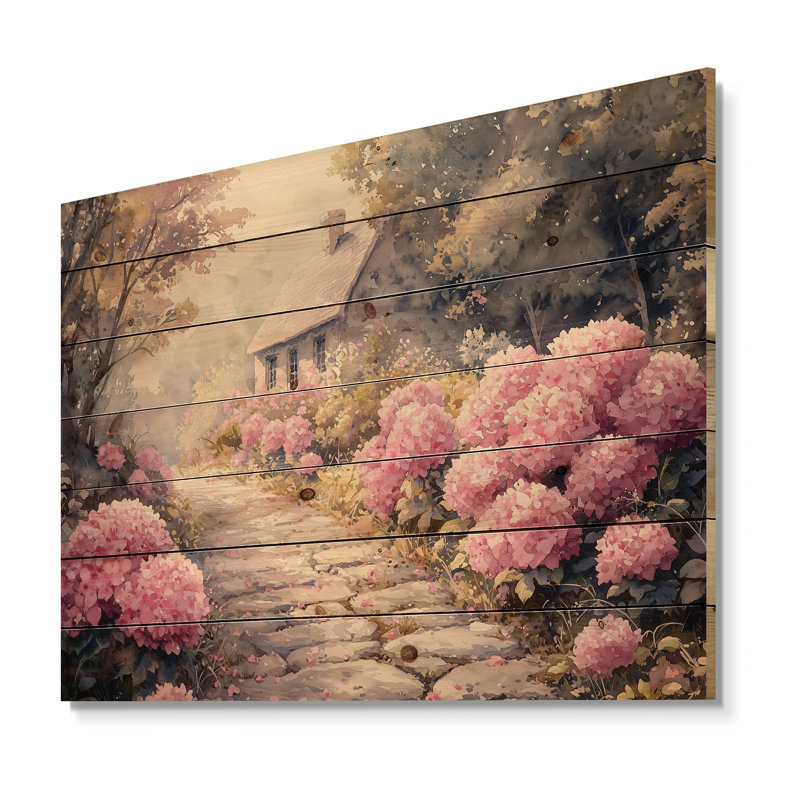 Hortensias par le chemin de pierre IV - impression d'hortensias sur bois de pin naturel, H 24 po x l 32 po