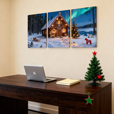 Ensemble de 3 tableaux sur toile représentant un chalet de Noël avec aurores boréales, pour la décoration du salon et de la chambre.