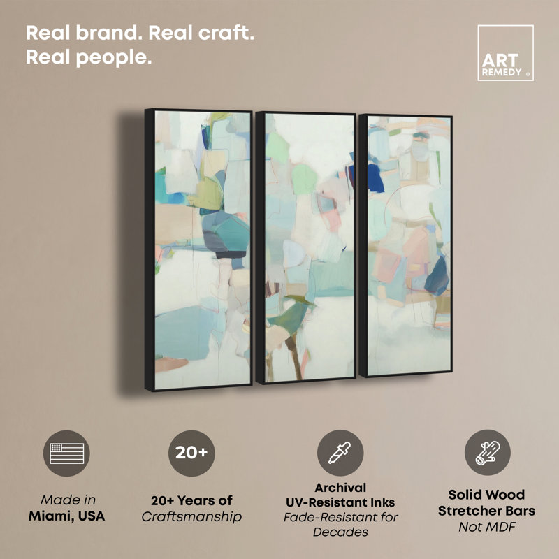 «Soft Patchwork I», ensemble de décorations sur toile encadrées par Art Remedy, cadre noir, 16 x 48, H 49 po x l 17 po