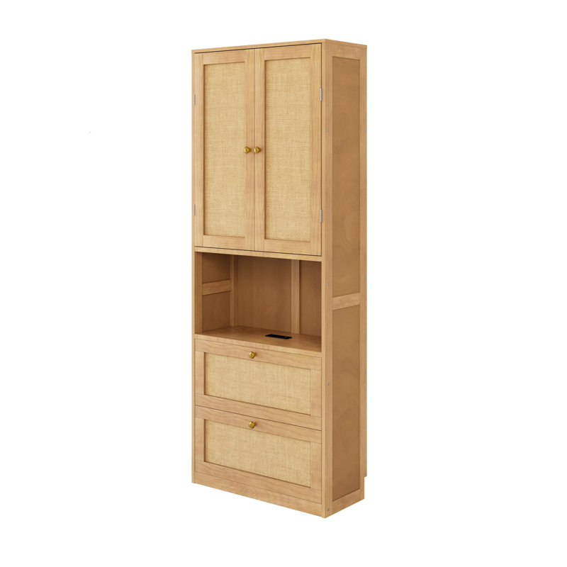 Bibliothèque 2 portes avec port USB et 3 tiroirs avec tablettes latérales, Naturel