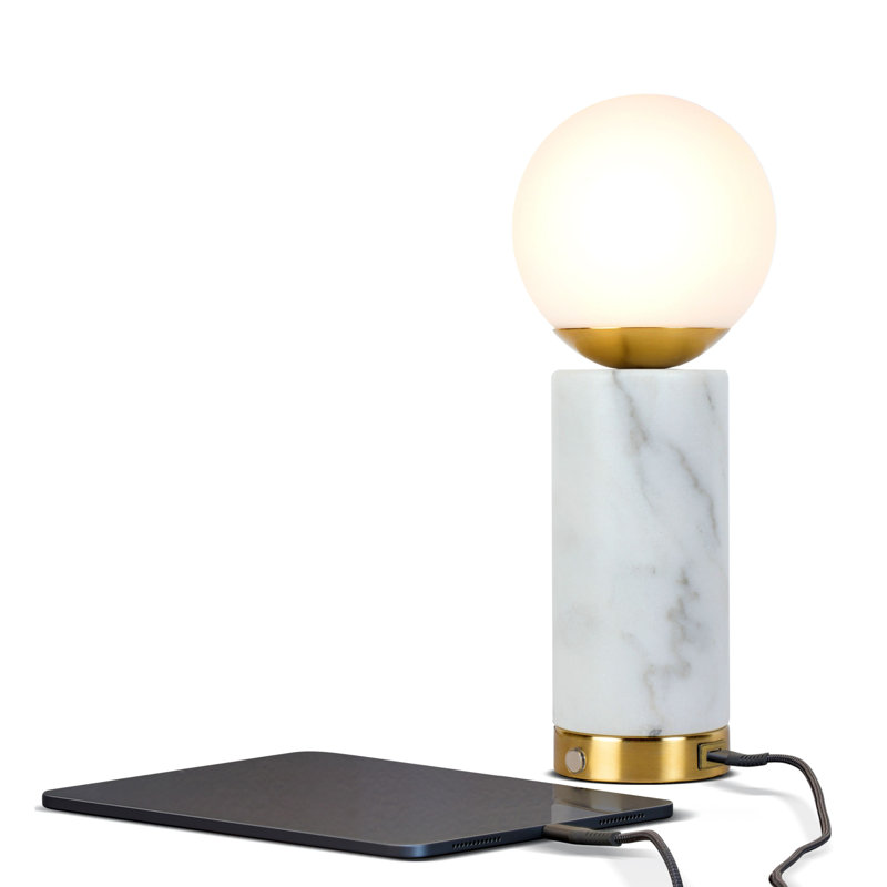 White Marble and Gold Touch Table Lamp with USB Port
