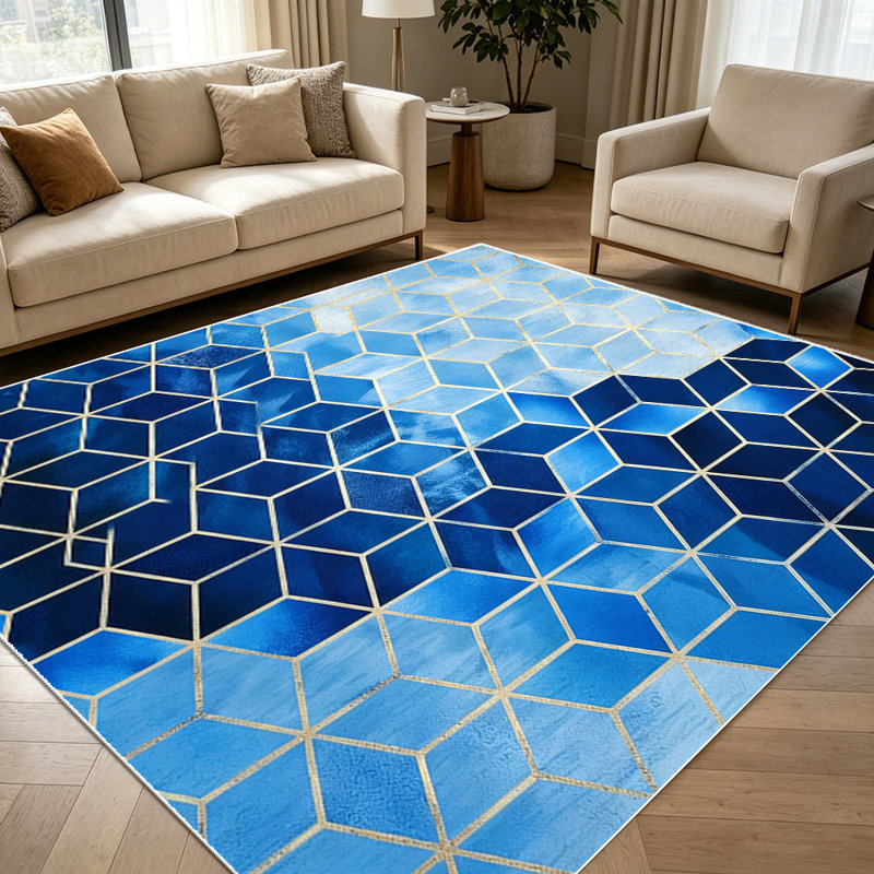 1PC Blue Ombre Geometric Hexagon area rugs for Living Room, Soft and Comfortable, Suitable for all seasons, easy-to-maintain, machine washable Indoor floor mat, Under Table Farmhouse suitable for Dining Room, Bedroom, Entryway, Home Office, Patio,