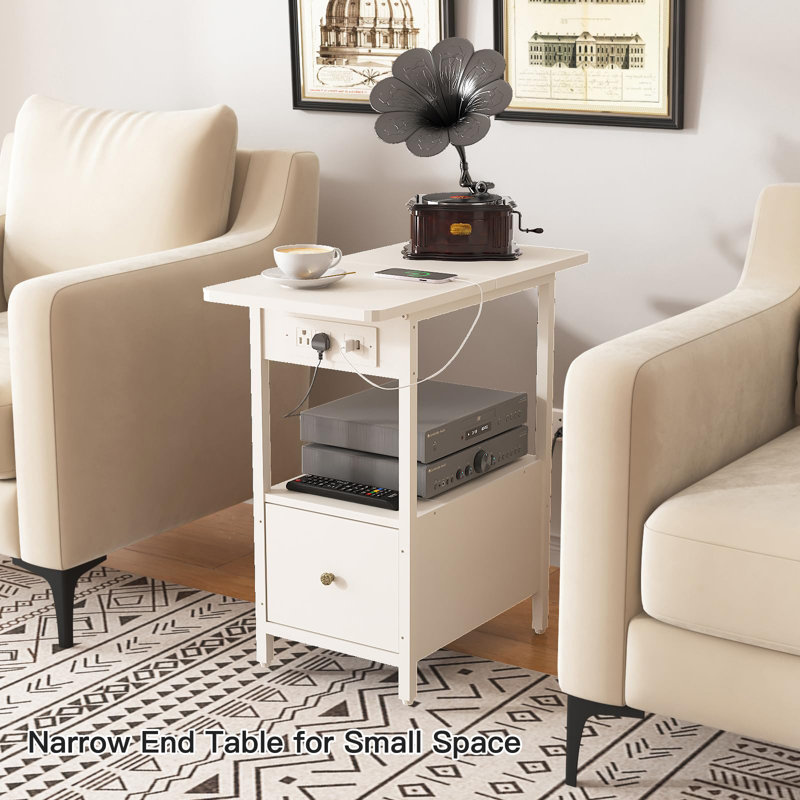 End Table With Charging Station, Narrow Side Table With Drawer And USB Ports & Power Outlets, Dresserdrawer,Side Table,Bed Side Small Space Table With For Bedroom, Closet, Dorm