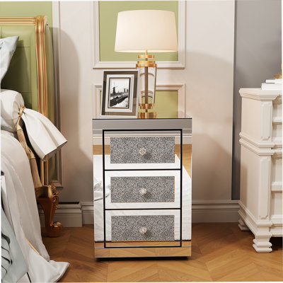 3-Drawer Mirrored Nightstand Bedside Table Glass Accent End Table Silver