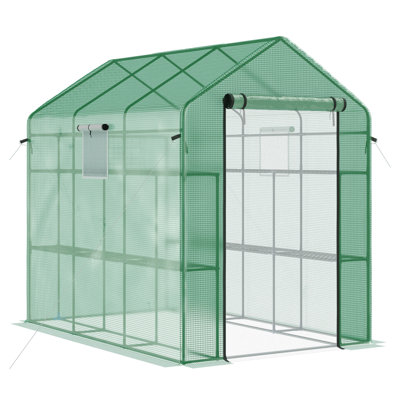 Serre avec porte grillagée et fenêtres de 7 pi x 5 pi x 6 pi Outsunny, serre chaude à 18 tablettes avec treillis, étiquettes pour plantes, protection contre les rayons UV pour la culture de fleurs, d'herbes, de légumes, de gaules, vert
