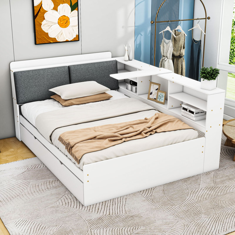Lit plateforme en bois avec lit gigogne, tablettes et tête de lit, Complète, Blanc