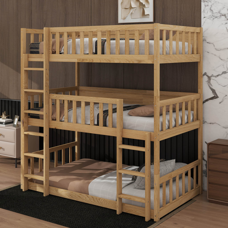 Lit superposé simple en bois d'hévéa triple avec échelles et barrières de sécurité, Naturel