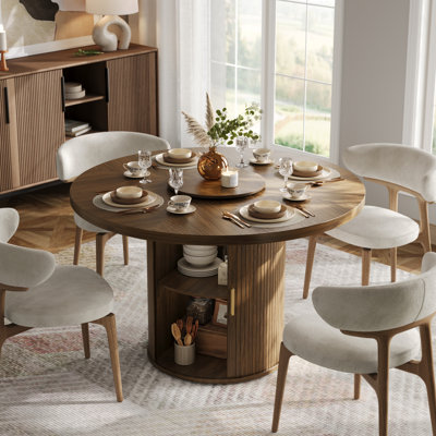 47" Round Dining Table with Storage Shelf Farmhouse Fluted Kitchen Table 