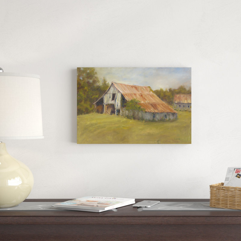 Toit en étain, peinture sur toile, H 12 po x l 18 po