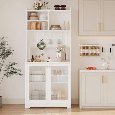 Garde-manger 71 po avec portes en verre, panneau perforé et tablettes ouvertes, armoire buffet en bois avec rehausse, organisateur de rangement de bar à café pour la salle à manger ou le salon