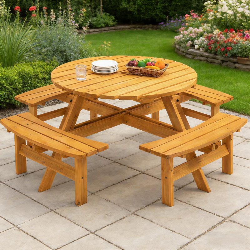 8-Person Round Picnic Table Set With 4 Built-In Benches & Umbrella Hole,Yellow, Yellow
