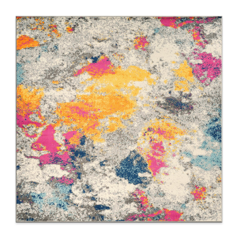 Noires Abstract Ivory/Gray/Blue Area Rug, Square 6'6"