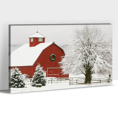Large Winter Red Barn Canvas Wall Art – Christmas Decorations, Holiday Decor Picture Poster, Vintage Farmhouse Scene Canvas Prints, Christian Gifts for Women, Ready to Hang, 20×30 Inches