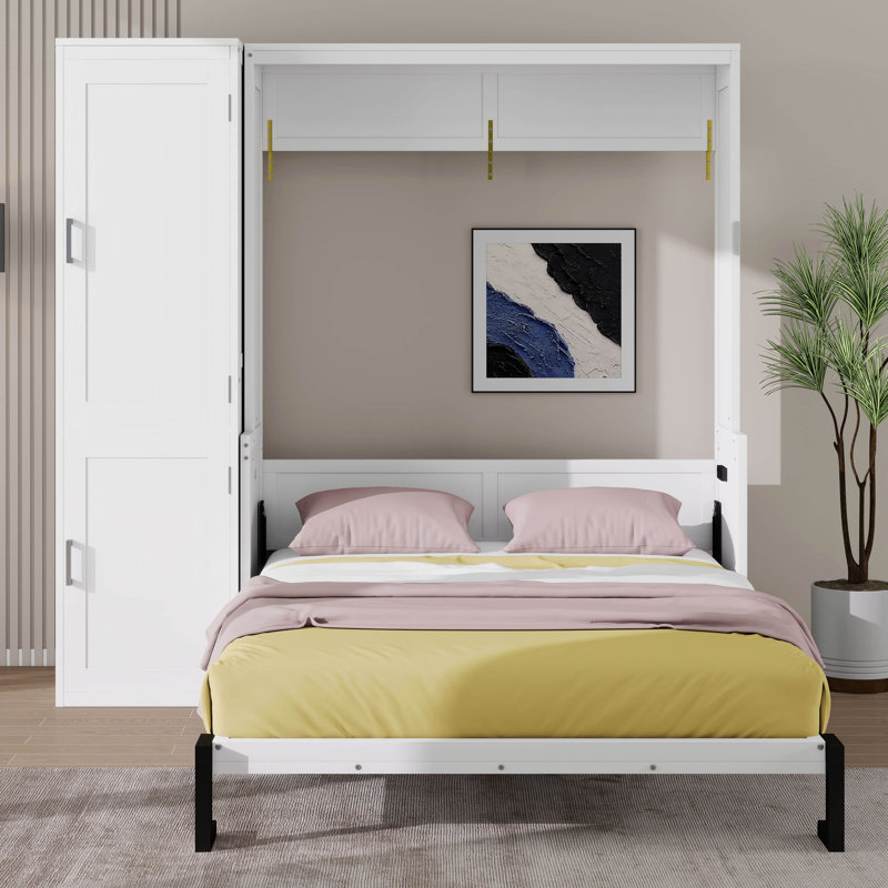 Lit escamotable en bois avec bureau et garde-robe, armoire-lit escamotable avec station de charge et lit escamotable