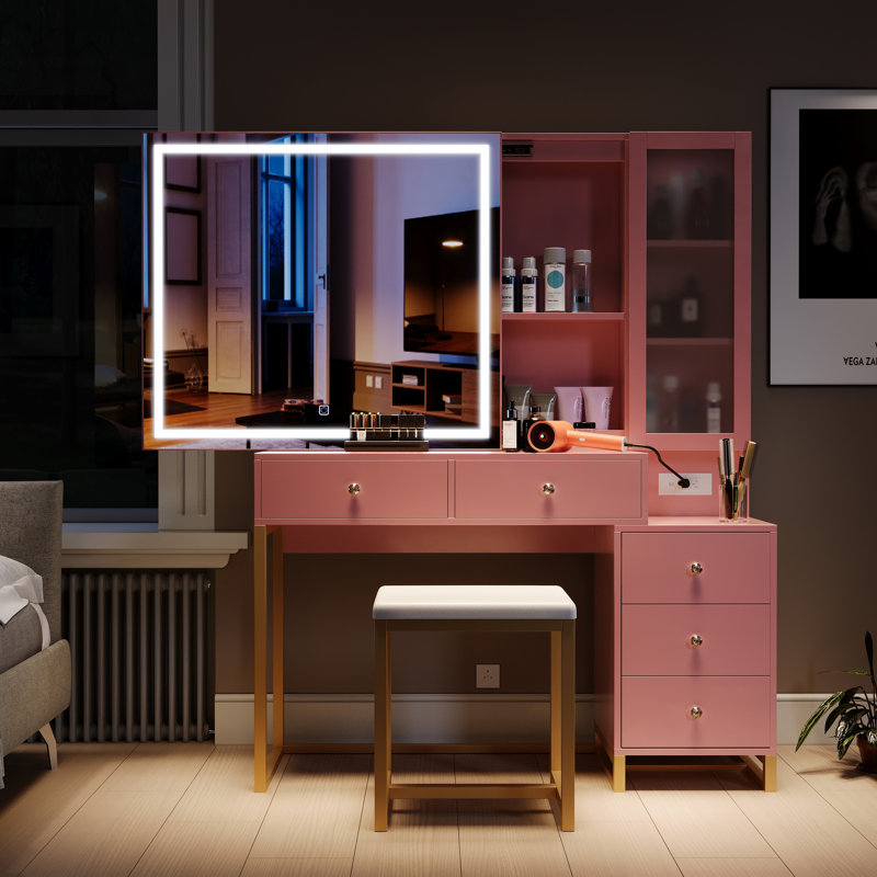 Mercer41 Pink Vanity Desk With Mirror And Lights, Makeup Vanity Table With  Power Outlet & 5 Drawers, Dressing Table With Storage Cabinet, Vanity Set  With Cushioned Stool, Sliding Mirror, Brightness Adjustable | Wayfair