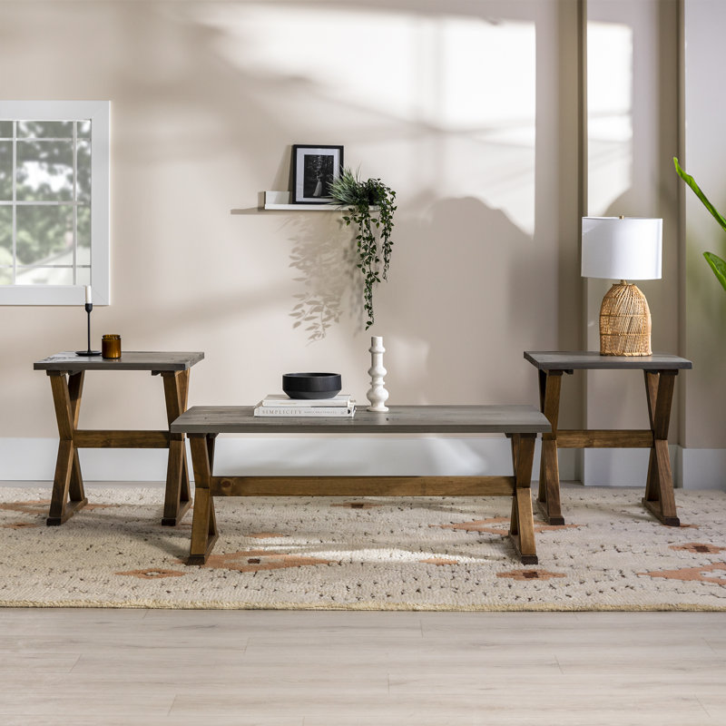 Ensemble de table en bois massif 3 pièces Kyndra, Brun, gris