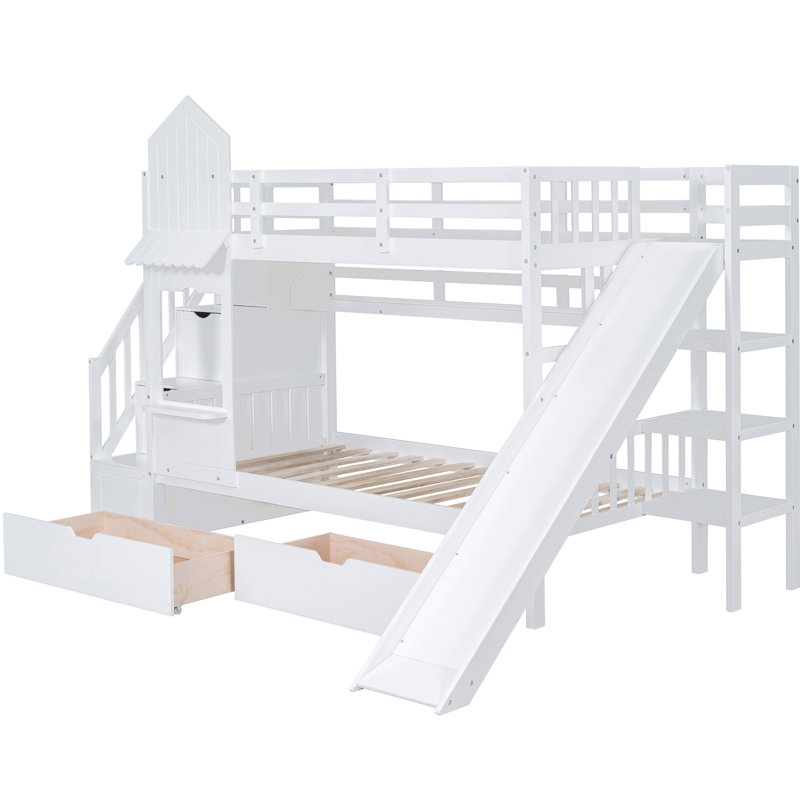 Lit superposé blanc Twintwin avec 2 tiroirs, 3 tablettes, glissade, construction, cadre de croissance idéal, croissance
