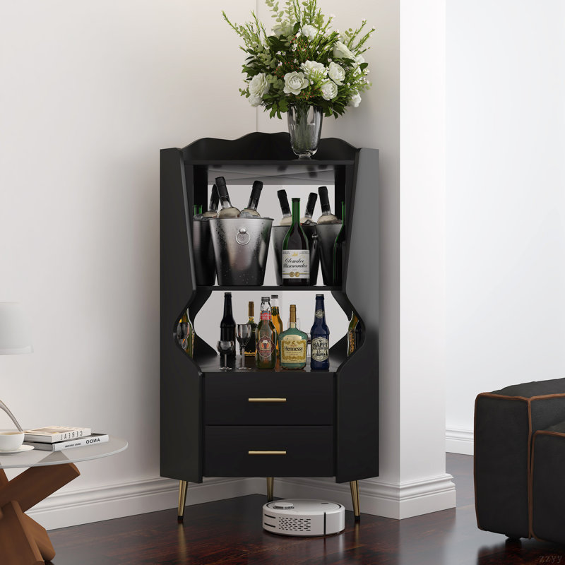 Armoire de bar en bois avec 2 tablettes de rangement ouvertes et 2 tiroirs, armoire à dossier en miroir, pieds et pieds hauts pour un nettoyage facile, armoire de buffet