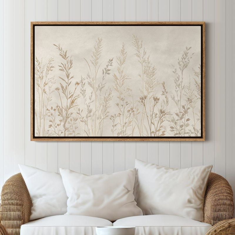 Art mural encadré sur toile - Silhouette de pré botanique minimaliste en beige doux neutre - 16 po x 24 po, 24 po x 36 po