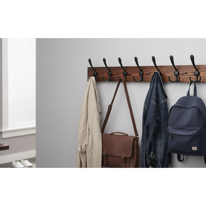 31.4'' Rustic Wood & Aluminum Wall Mounted Coat Rack - 8 Black Tri-Hooks for Coat/Bag/Towel, Black/Brown