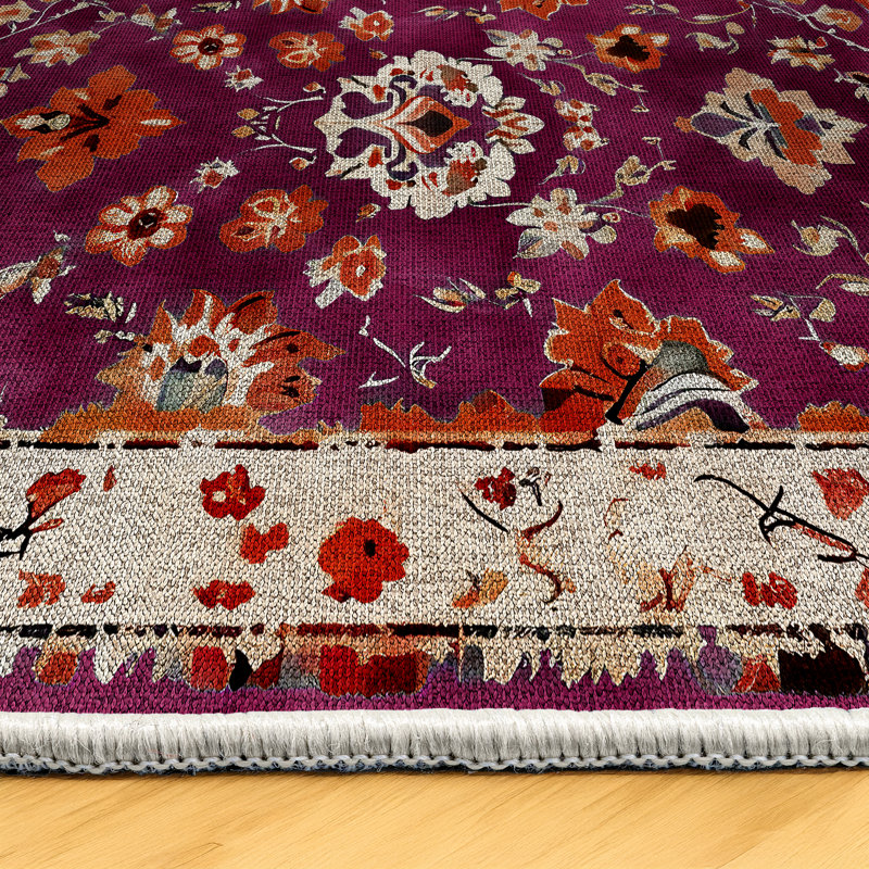 Derya Collection Digital Print Cotton-Polyester Purple Floral Rug, Runner 3'4" x 14'10"