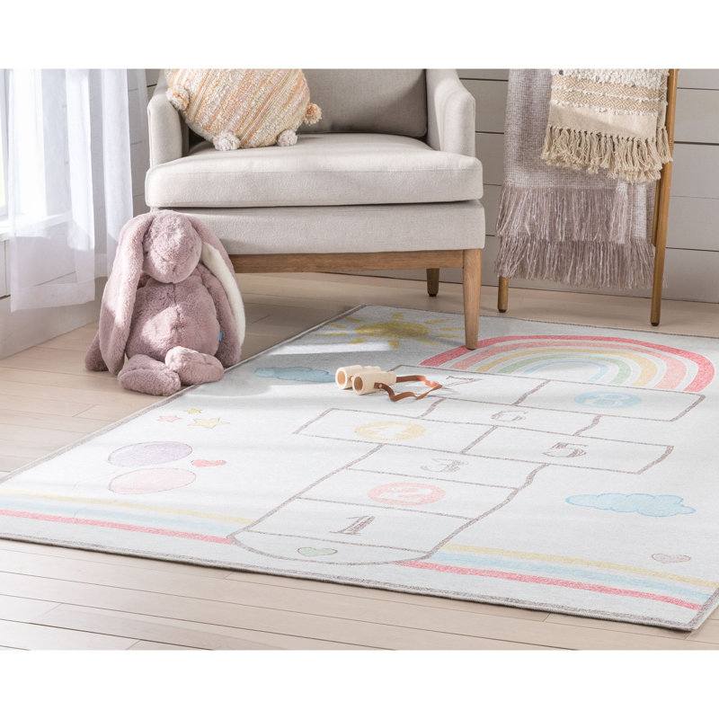 Tapis beige multicolore moderne Kids Rugs Hopscotch Aronne, Rectangle 5 pi x 7 pi