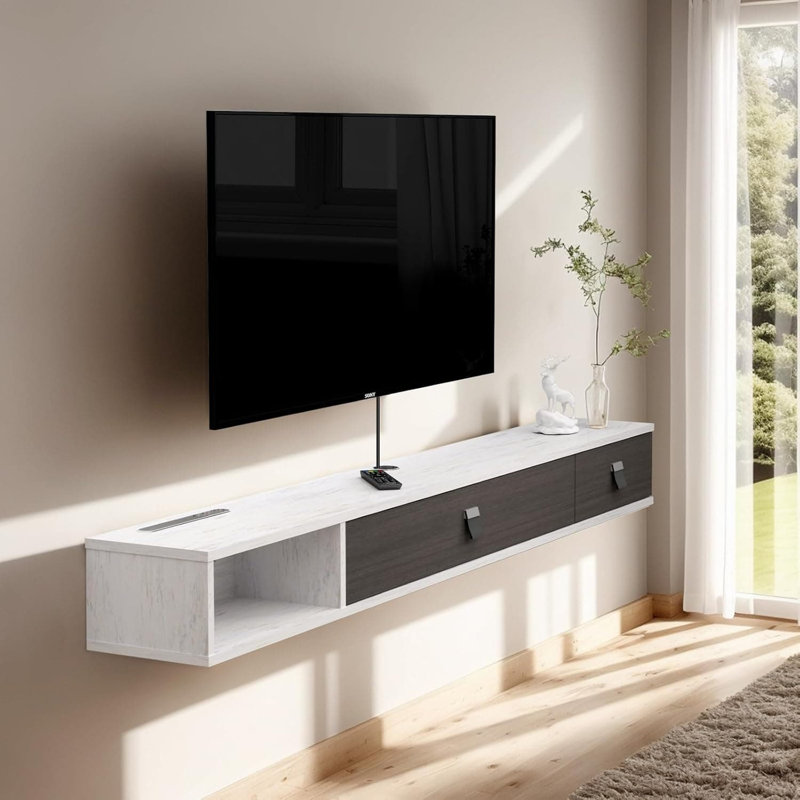 Meuble télé flottant mural avec 2 portes, meuble audio-vidéo compact et minimaliste avec gestion des câbles