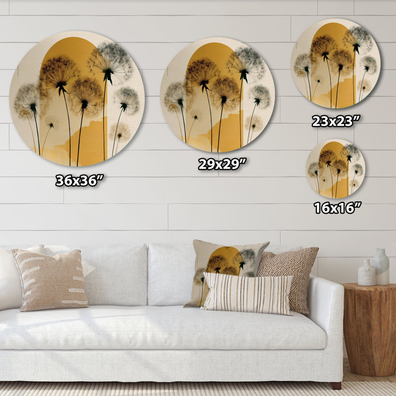Coucher de soleil pissenlit printanier - Décoration murale ronde florale en métal, L 23 po x H 23 po