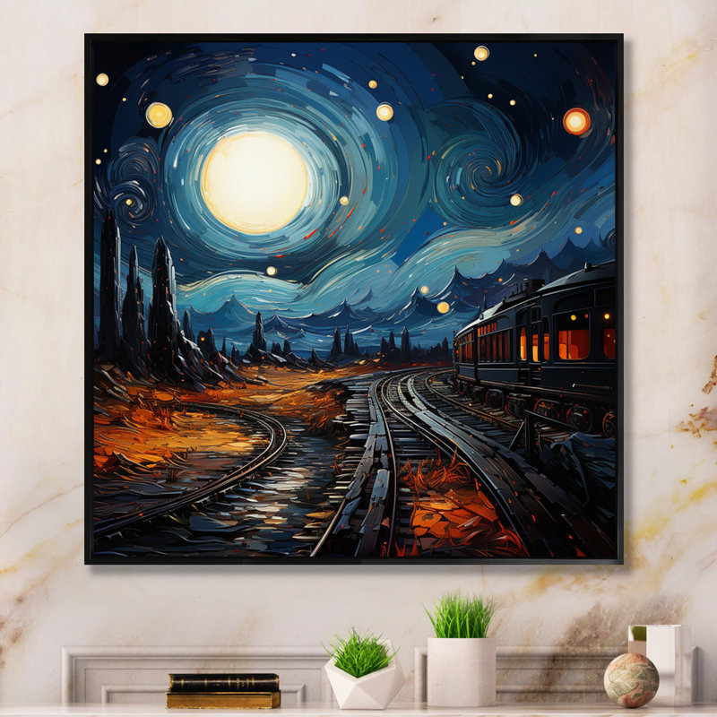 Blue Train Rails By Vincent II - Transportation Canvas Prints, H 16 po x l 16 po x P 1 po, Cadre flottant noir