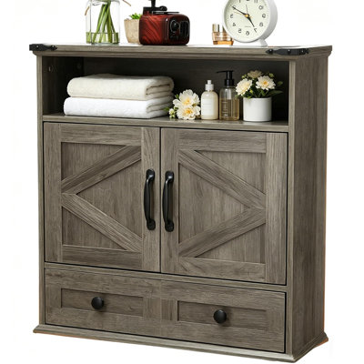 Armoire murale de salle de bain, armoire à pharmacie avec portes de grange doubles, tablette et tiroir réglables, armoire de rangement pour la cuisine, salle de lavage, gris