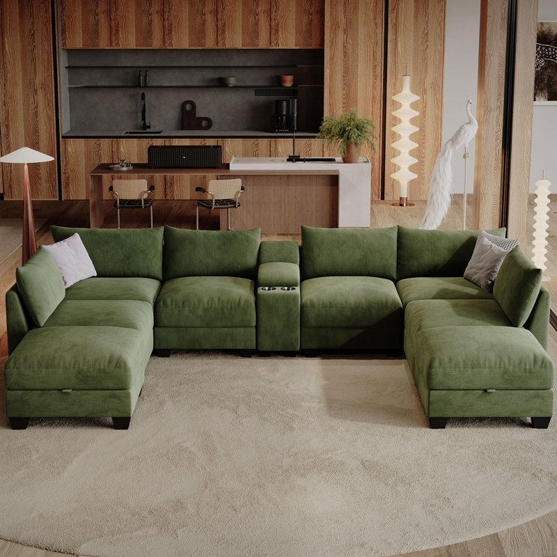  Amold 136.2'' U-Shaped Sectional Sofa, 8-Seater Modular Couch, Comfy Living Room Cloud Sofa With Ottoman And Console