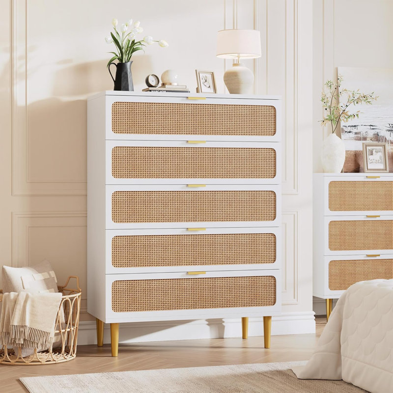 Commode 5 tiroirs Rattan, Blanc
