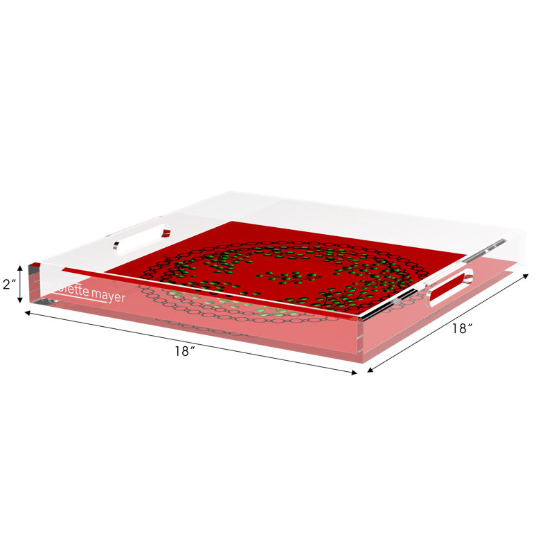 Christmas Berries Green Red Acrylic Square Decorative Tray, 18"W x 18"D x 2"H