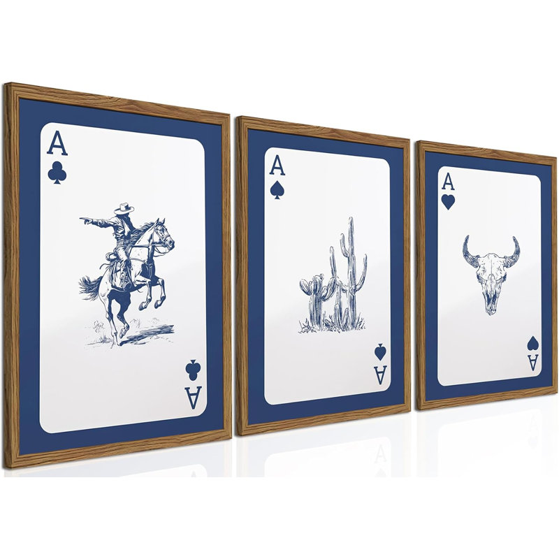 Ensemble de 3 art mural mural, carte de jeu Southwestern Cowboy, taureau longhorn rose
