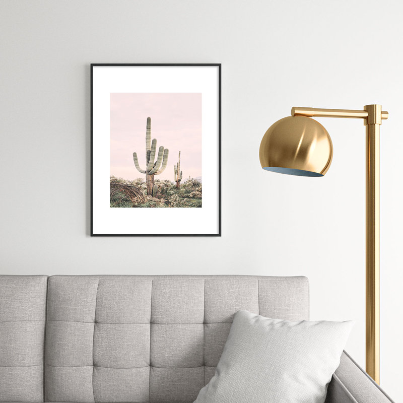 Cactus rose pastel encadré sur papier, Noir, H 24 po x l 18 po