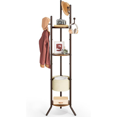 Round Coat Rack with 3 Wooden Shelves and 1 Fabric Basket, Metal Clothes Tree with 5 Hooks
