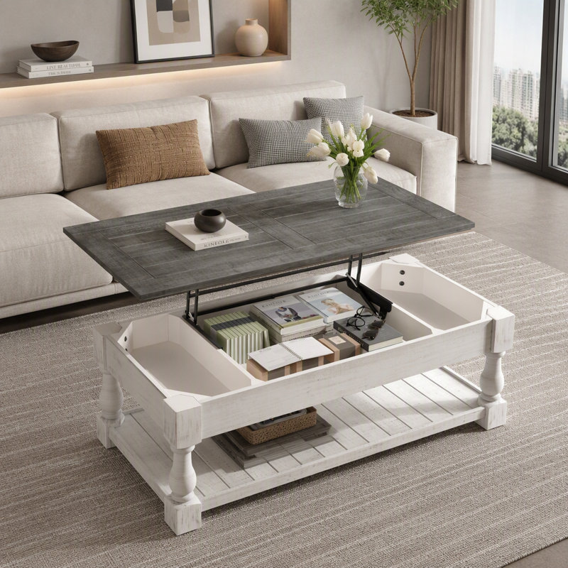 Table basse rectangulaire de style campagnard, table basse rustique avec pieds tournés épais et tablette de rangement