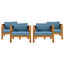 Fauteuils club d'extérieur en bois avec coussins bleus, conversation, siège ergonomique confortable pour se prélasser
