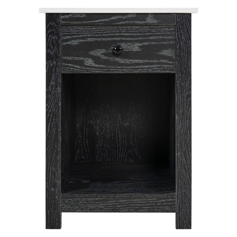 Inus 2 Tier End Table with Drawer and Storage Cabinet, Side Table with Sliding Drawer for Bedroom, Distressed Black