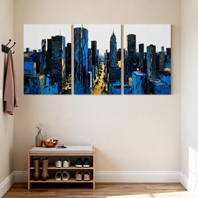 Cités et pays, bleu, noir, or, horizon de la ville, ensemble de 3 reproductions d'art sur toile, H 18 po x l 36 po
